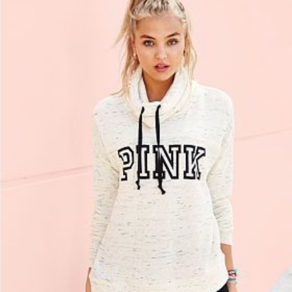 Victoria’s Secret PINK Love Pink Cream Gray Heathered Funnel Neck Sweatshirt